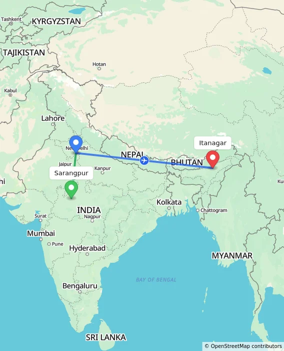 Route map showing distance and travel time from Sarangpur, India to Itanagar, India
