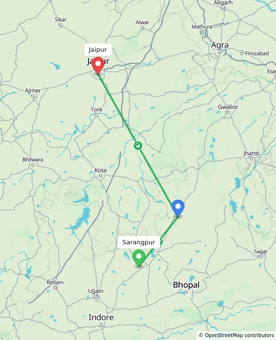 Route map showing distance and travel time from Sarangpur, India to Jaipur, India