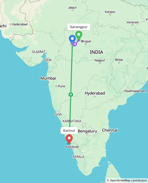 Route map showing distance and travel time from Sarangpur, India to Kannur, India