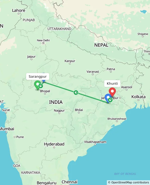 Route map showing distance and travel time from Sarangpur, India to Khunti, India