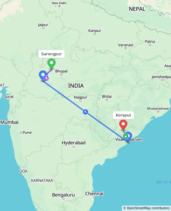 Route map showing distance and travel time from Sarangpur, India to Koraput, India