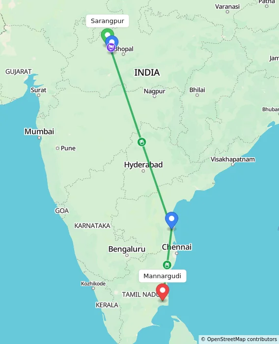 Route map showing distance and travel time from Sarangpur, India to Mannargudi, India