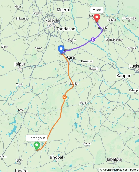 Route map showing distance and travel time from Sarangpur, India to Milak, India