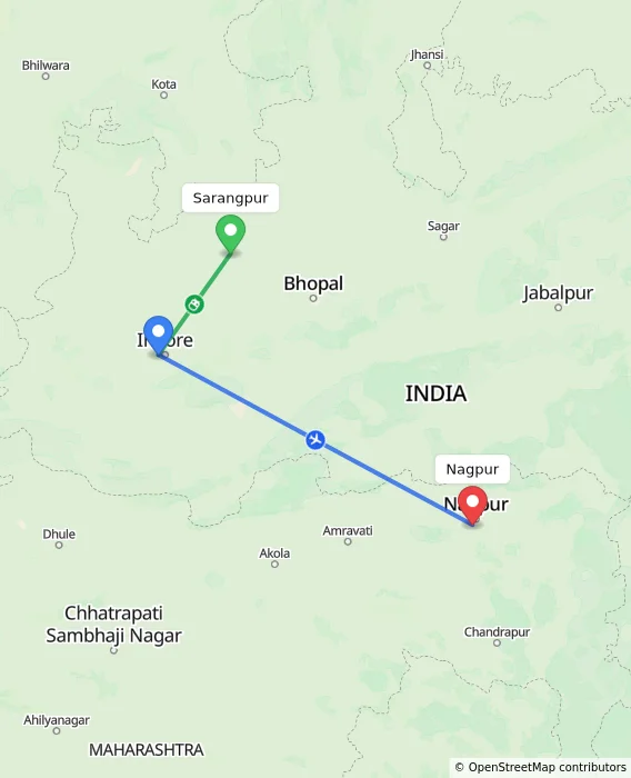 Route map showing distance and travel time from Sarangpur, India to Nagpur, India