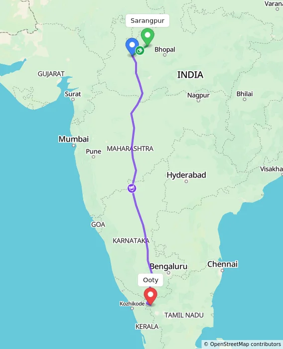 Route map showing distance and travel time from Sarangpur, India to Ooty, India