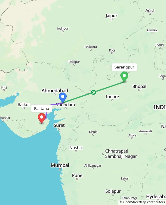 Route map showing distance and travel time from Sarangpur, India to Palitana, India