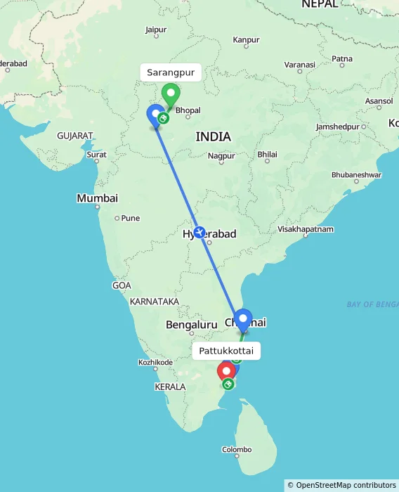 Route map showing distance and travel time from Sarangpur, India to Pattukkottai, India