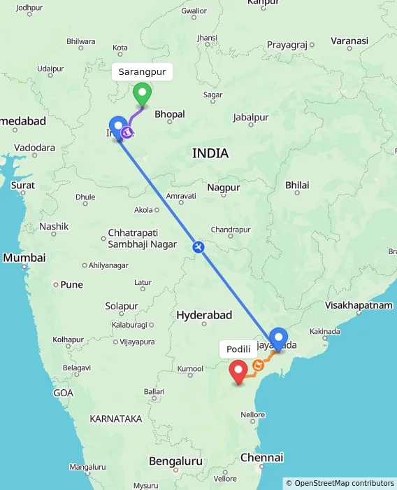 Route map showing distance and travel time from Sarangpur, India to Podili, India