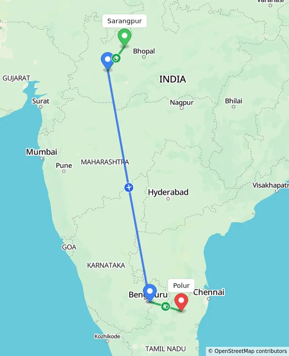 Route map showing distance and travel time from Sarangpur, India to Polur, India