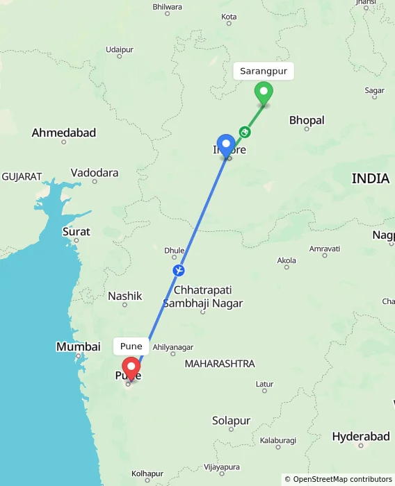 Route map showing distance and travel time from Sarangpur, India to Pune, India