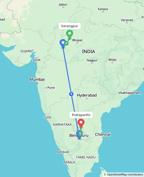 Route map showing distance and travel time from Sarangpur, India to Puttaparthi, India