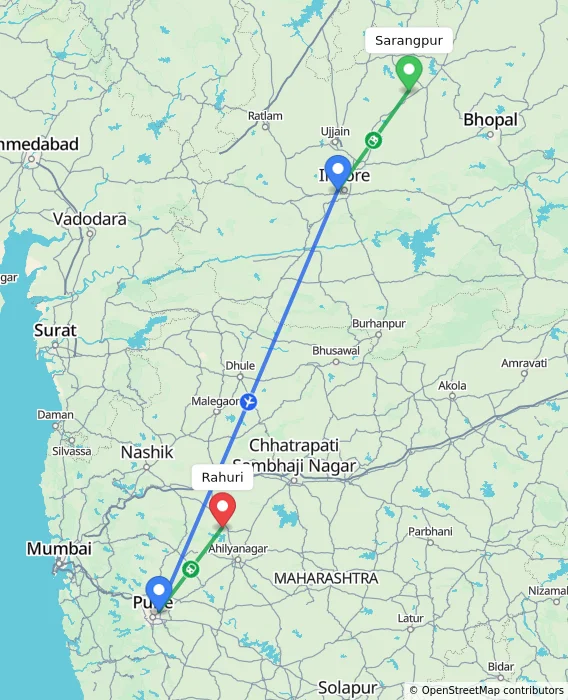 Route map showing distance and travel time from Sarangpur, India to Rahuri, India