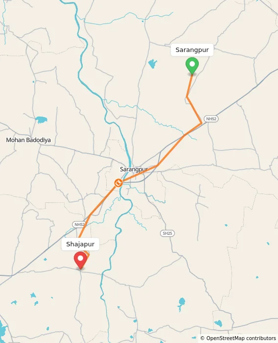 Route map showing distance and travel time from Sarangpur, India to Shajapur, India