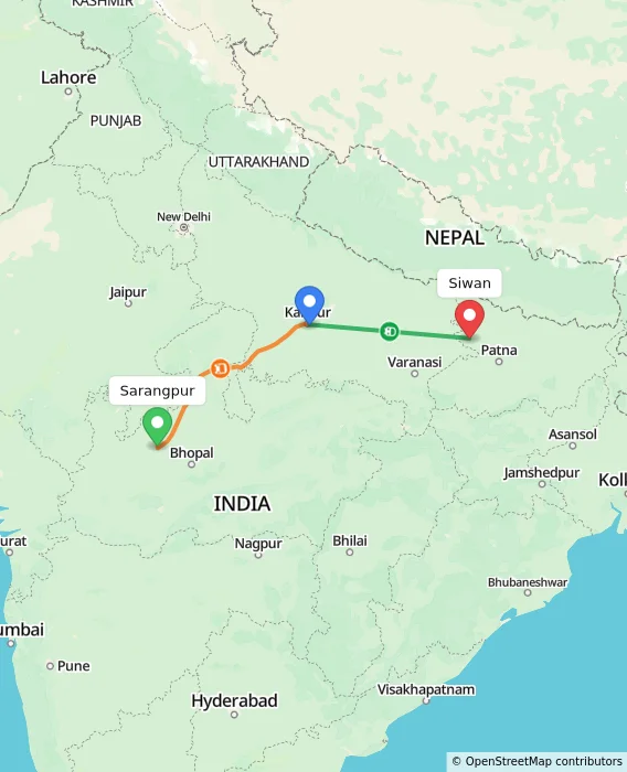 Route map showing distance and travel time from Sarangpur, India to Siwan, India