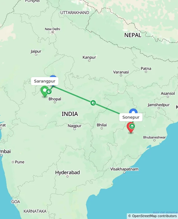 Route map showing distance and travel time from Sarangpur, India to Sonepur, India