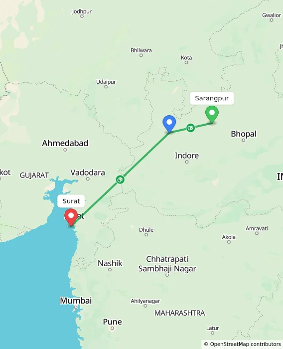 Route map showing distance and travel time from Sarangpur, India to Surat, India