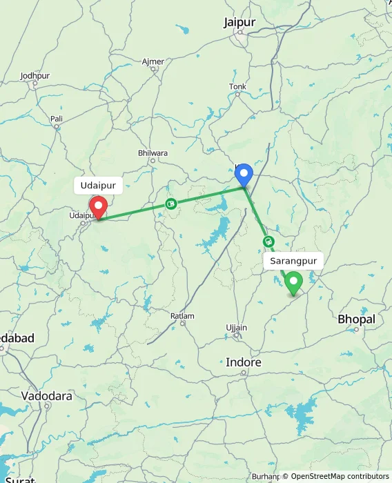 Route map showing distance and travel time from Sarangpur, India to Udaipur, India