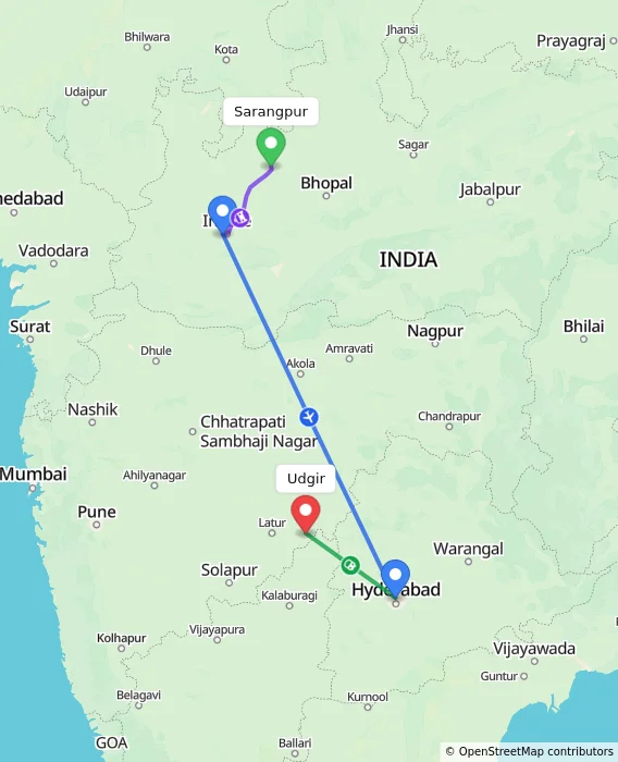 Route map showing distance and travel time from Sarangpur, India to Udgir, India