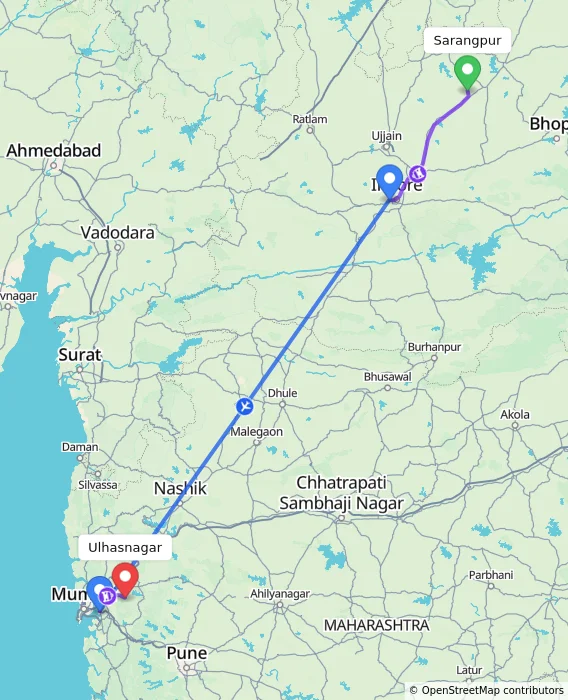 Route map showing distance and travel time from Sarangpur, India to Ulhasnagar, India