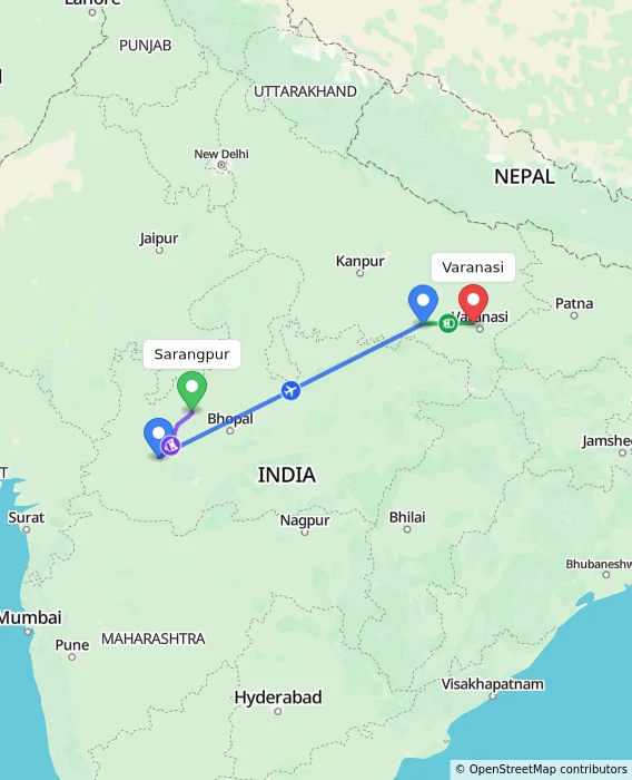 Route map showing distance and travel time from Sarangpur, India to Varanasi, India