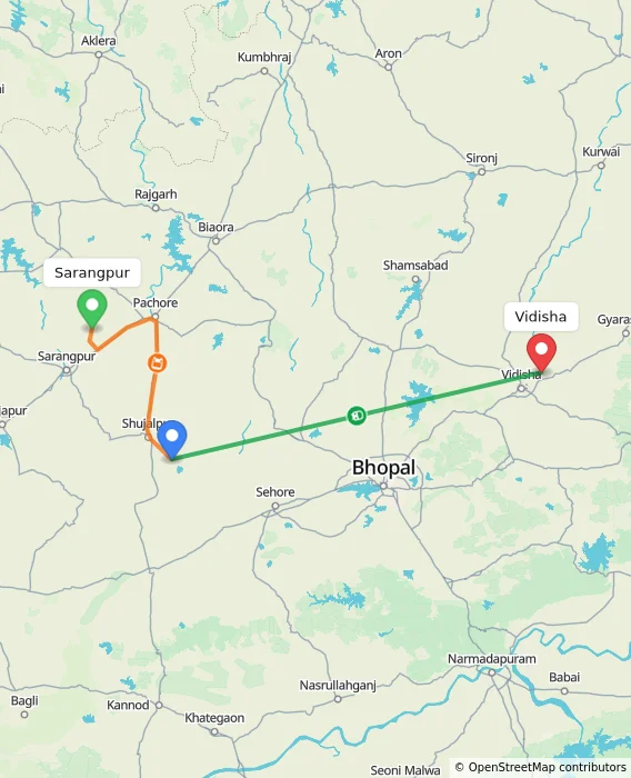 Route map showing distance and travel time from Sarangpur, India to Vidisha, India
