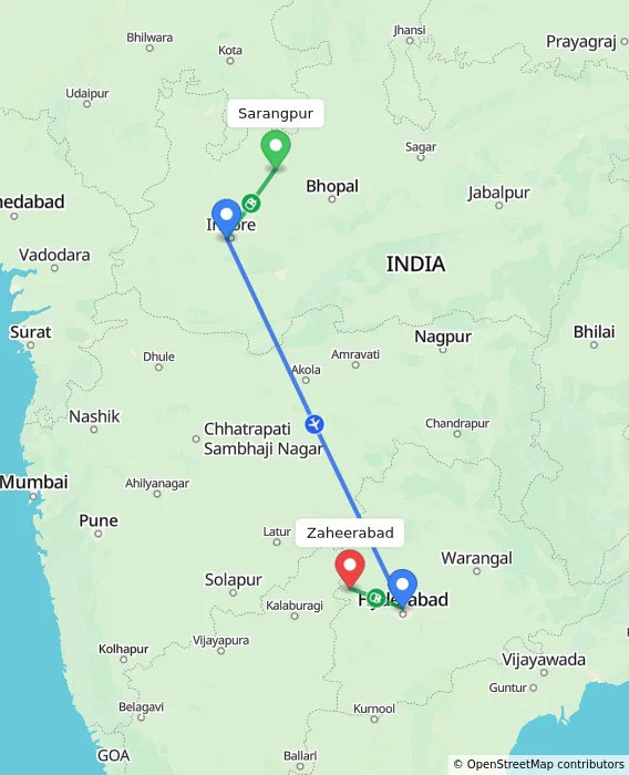 Route map showing distance and travel time from Sarangpur, India to Zaheerabad, India