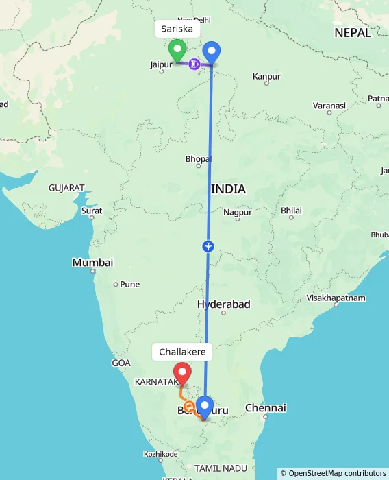 Route map showing distance and travel time from Sariska, India to Challakere, India