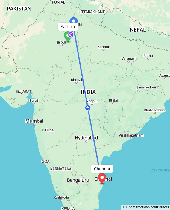 Route map showing distance and travel time from Sariska, India to Chennai, India