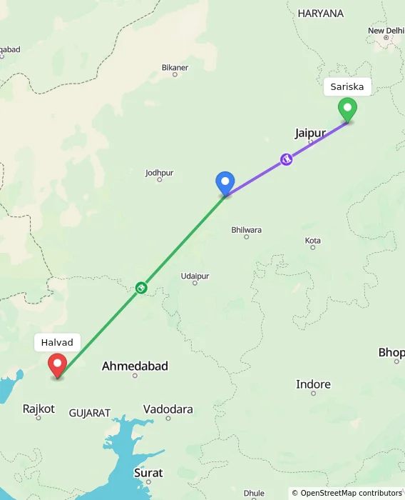 Route map showing distance and travel time from Sariska, India to Halvad, India