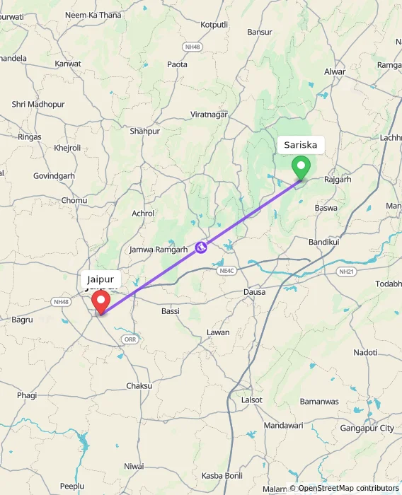 Route map showing distance and travel time from Sariska, India to Jaipur, India