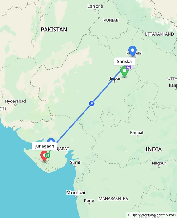 Route map showing distance and travel time from Sariska, India to Junagadh, India