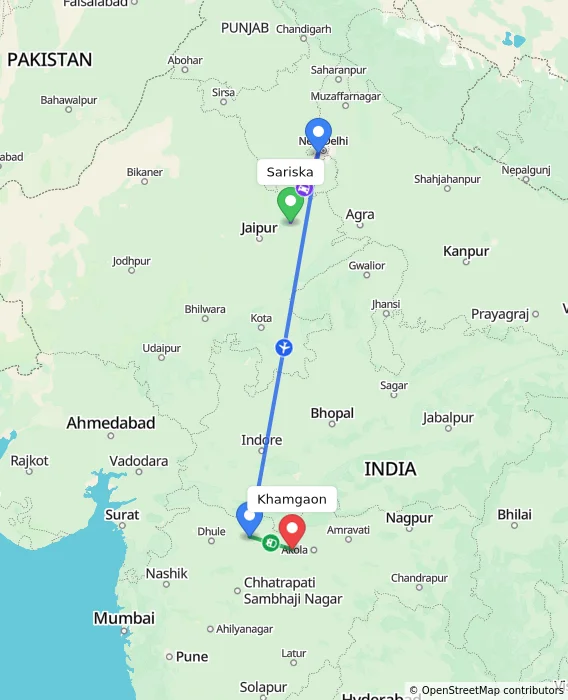 Route map showing distance and travel time from Sariska, India to Khamgaon, India