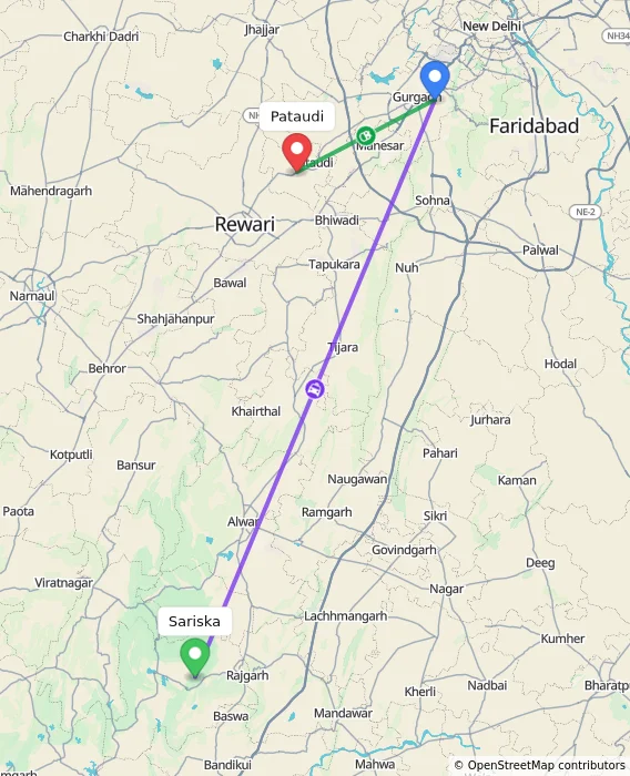 Route map showing distance and travel time from Sariska, India to Pataudi, India