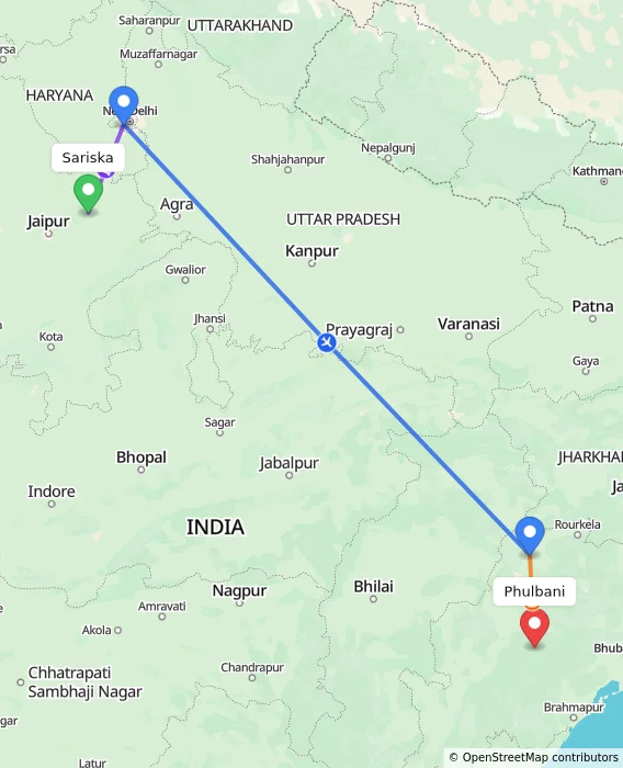 Route map showing distance and travel time from Sariska, India to Phulbani, India