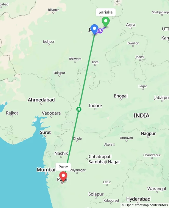 Route map showing distance and travel time from Sariska, India to Pune, India