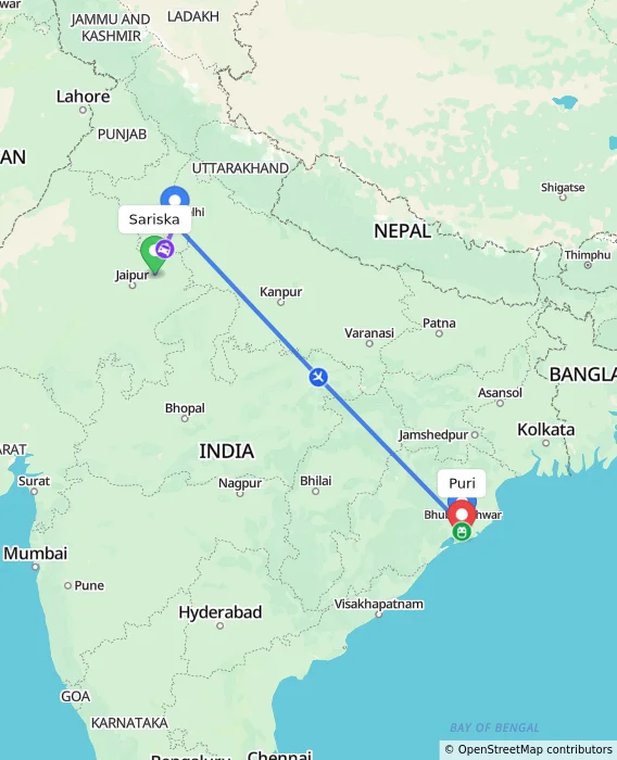 Route map showing distance and travel time from Sariska, India to Puri, India
