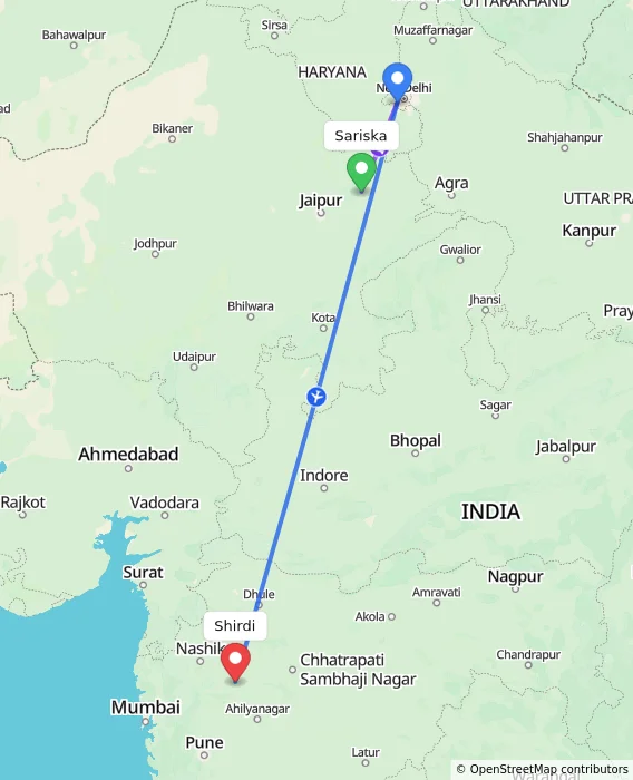 Route map showing distance and travel time from Sariska, India to Shirdi, India