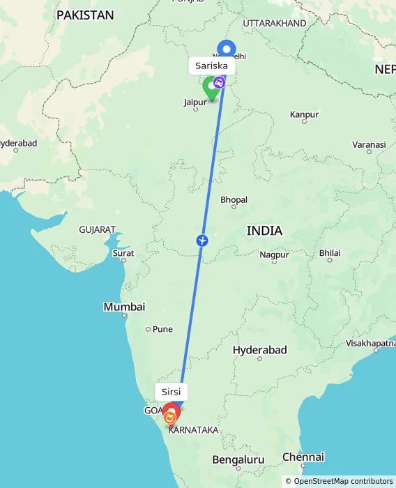 Route map showing distance and travel time from Sariska, India to Sirsi, India