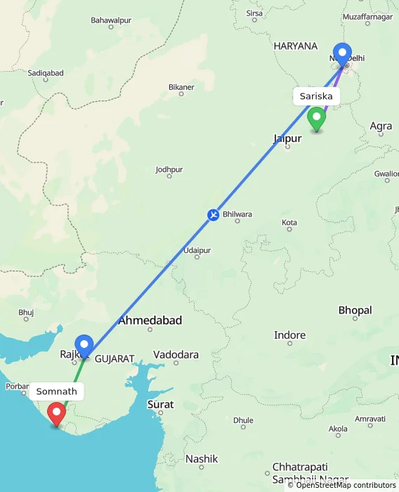 Route map showing distance and travel time from Sariska, India to Somnath, India