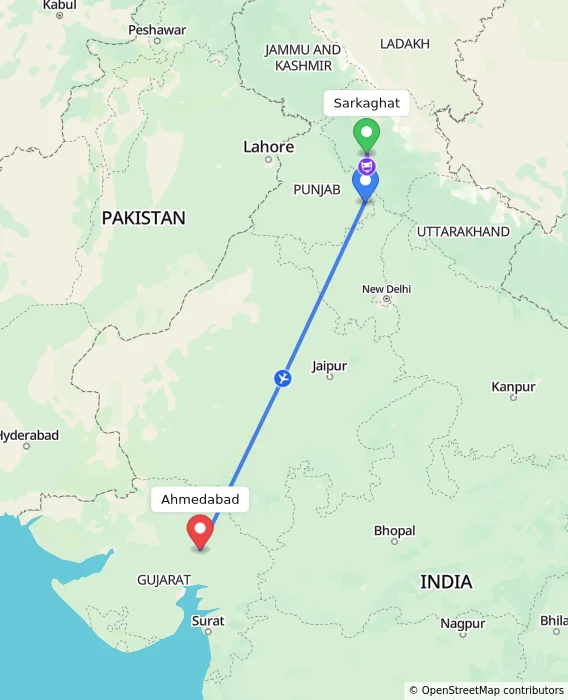Route map showing distance and travel time from Sarkaghat, India to Ahmedabad, India