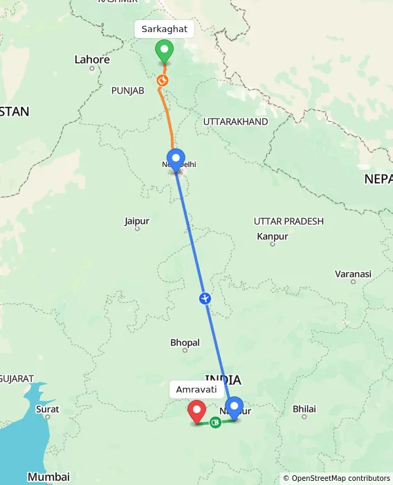 Route map showing distance and travel time from Sarkaghat, India to Amravati, India