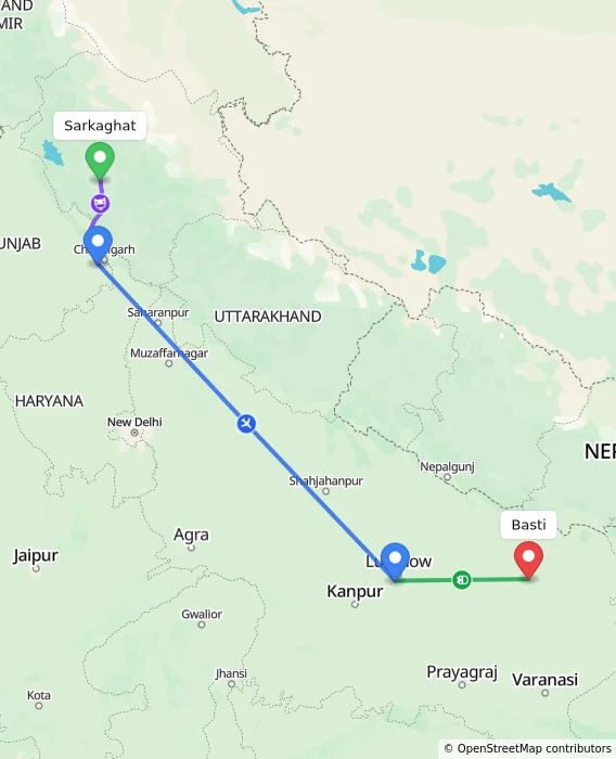 Route map showing distance and travel time from Sarkaghat, India to Basti, India