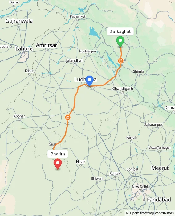 Route map showing distance and travel time from Sarkaghat, India to Bhadra, India