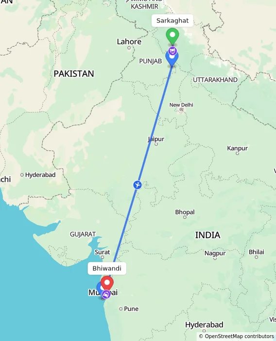Route map showing distance and travel time from Sarkaghat, India to Bhiwandi, India
