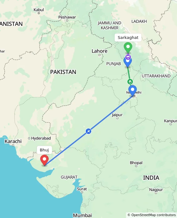 Route map showing distance and travel time from Sarkaghat, India to Bhuj, India