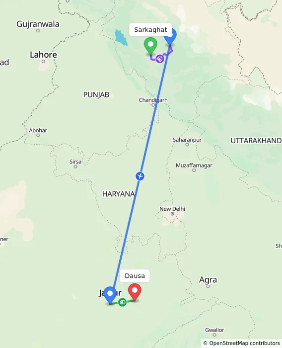 Route map showing distance and travel time from Sarkaghat, India to Dausa, India