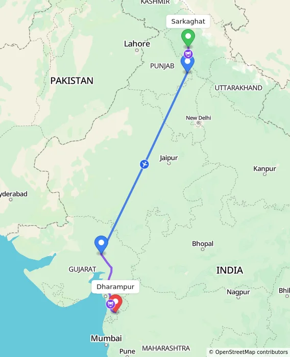 Route map showing distance and travel time from Sarkaghat, India to Dharampur, India