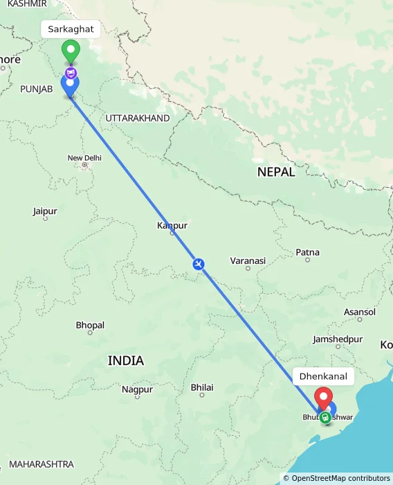 Route map showing distance and travel time from Sarkaghat, India to Dhenkanal, India