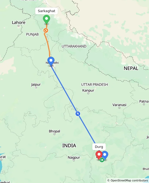 Route map showing distance and travel time from Sarkaghat, India to Durg, India