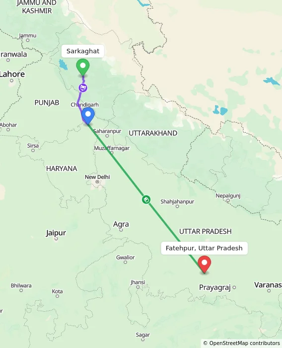 Route map showing distance and travel time from Sarkaghat, India to Fatehpur, Uttar Pradesh, India
